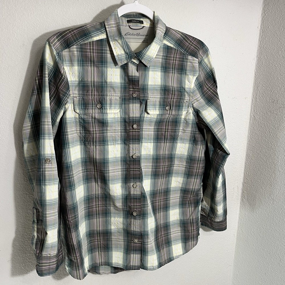 Eddie Bauer Button Up Shirt Women's Small Multi Color Plaid Classic Fit Green